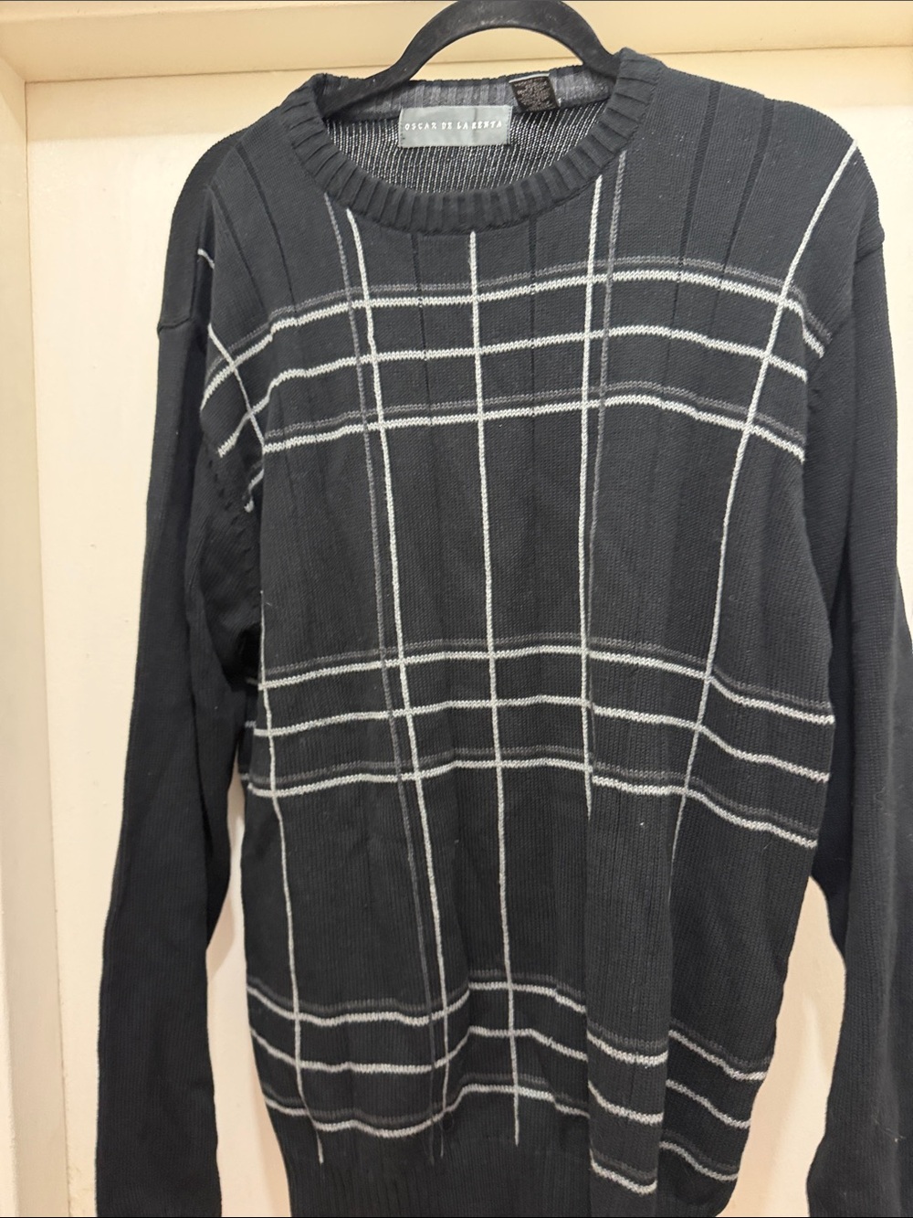 Oscar de la Renta Black Crewneck Sweater with White Windowpane